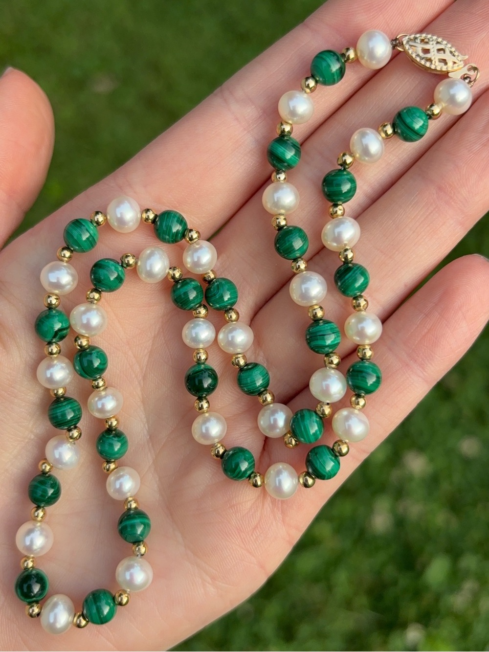 14k Yellow Gold Beaded Pearl & Malachite Gemstone Necklace